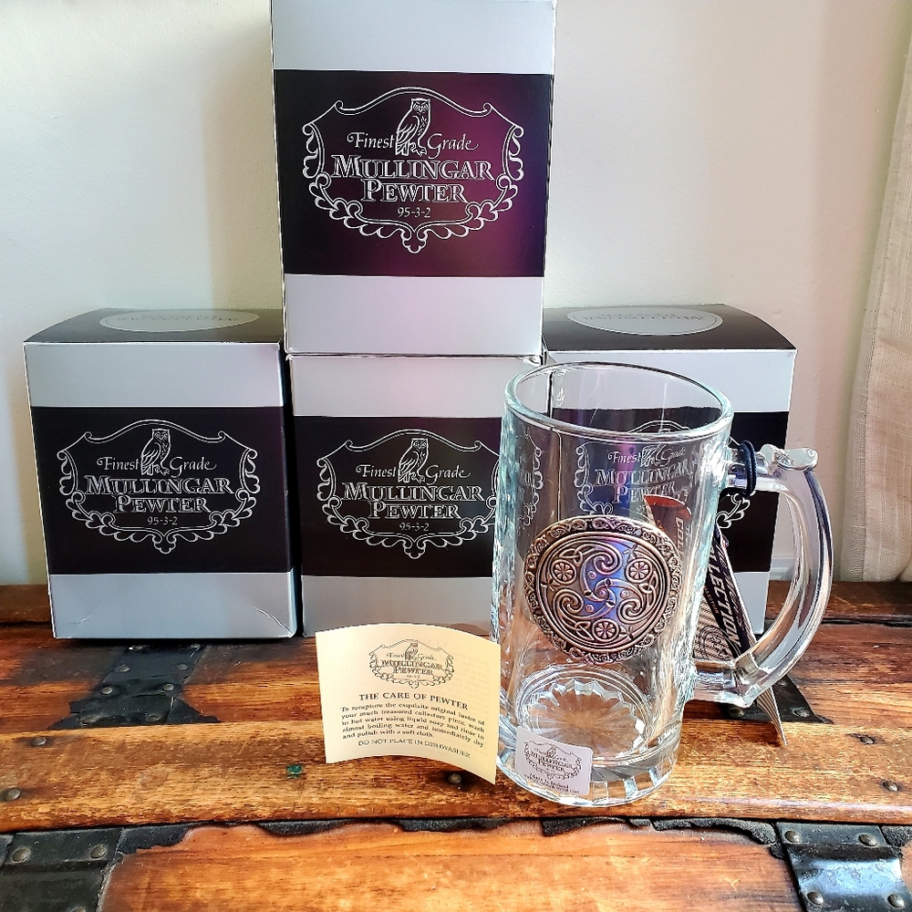 4 Glass Beer Tankards Celtic Pewter Design 15oz